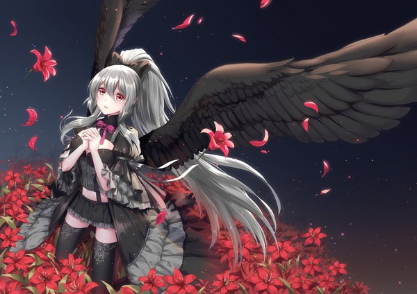 Anime picture 1414x1000 with original moyu single looking at viewer fringe breasts hair between eyes red eyes cleavage ponytail very long hair parted lips grey hair zettai ryouiki kneeling black wings girl thighhighs skirt bow