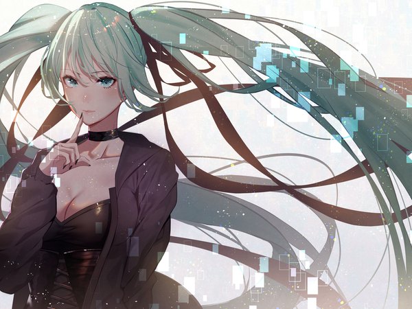 Anime picture 2000x1500 with vocaloid hatsune miku kisui single long hair looking at viewer blush fringe highres breasts light erotic simple background hair between eyes standing twintails cleavage nail polish aqua eyes fingernails aqua hair