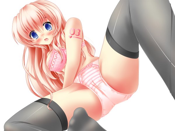 Anime picture 1200x900 with vocaloid megurine luka akairo no mako single long hair blush open mouth blue eyes light erotic white background pink hair spread legs underwear only girl thighhighs underwear panties black thighhighs striped panties striped bikini