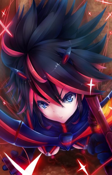 Anime picture 864x1350 with kill la kill studio trigger matoi ryuuko sawa nao single tall image looking at viewer fringe short hair breasts blue eyes holding multicolored hair from above two-tone hair streaked hair looking up glow girl weapon
