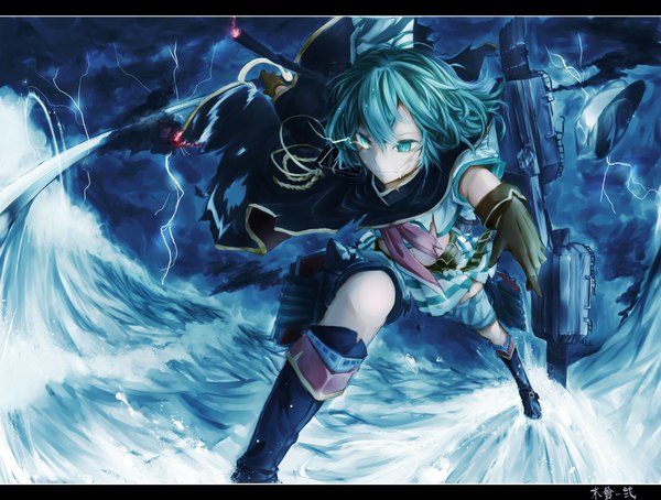 Anime picture 1637x1240 with kantai collection kiso light cruiser gensou aporo single looking at viewer short hair blue eyes blue hair battle lightning girl skirt gloves weapon sword boots cape