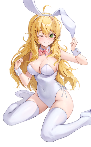 Anime picture 2000x3221 with idolmaster idolmaster (classic) idolmaster million live! hoshii miki hd (sw4189101) single long hair tall image looking at viewer blush fringe highres breasts light erotic simple background blonde hair smile hair between eyes large breasts white background