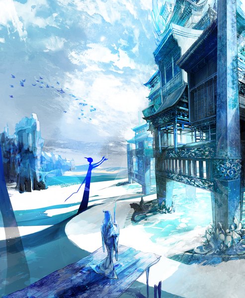 Anime picture 1600x1948 with original icelog long hair tall image blue hair sky cloud (clouds) mountain silhouette girl dress plant (plants) animal bird (birds) house