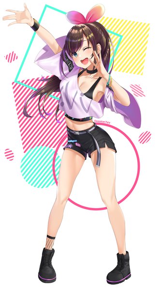 Anime picture 2039x3713 with virtual youtuber a.i. channel kizuna ai kizuna ai (musician) star741 single long hair tall image looking at viewer highres open mouth blue eyes simple background brown hair standing signed payot full body ponytail head tilt