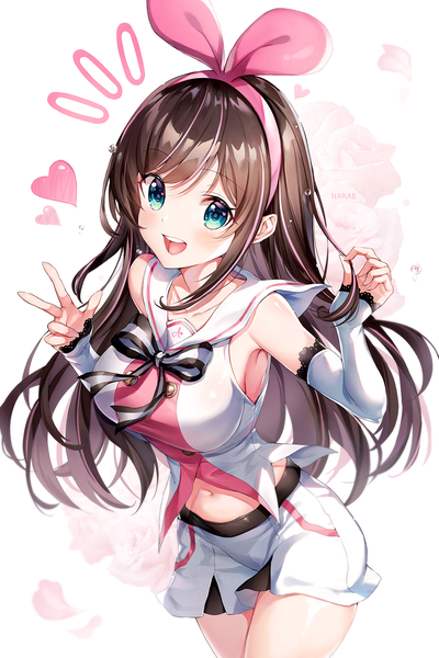 Anime picture 1063x1594 with virtual youtuber a.i. channel kizuna ai narae single long hair tall image looking at viewer blush fringe breasts open mouth simple background smile brown hair large breasts standing white background signed multicolored hair