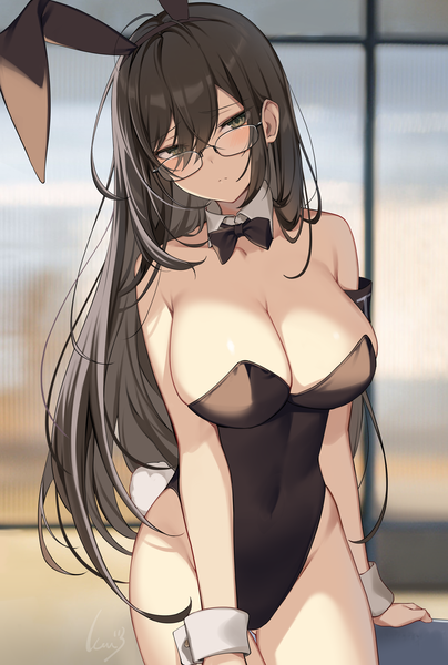 Anime picture 2507x3720 with original ikomochi single long hair tall image looking at viewer blush fringe highres breasts light erotic black hair hair between eyes large breasts standing green eyes signed animal ears cleavage indoors