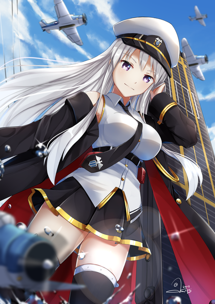 Anime picture 707x1000 with azur lane enterprise (azur lane) as4gi single long hair tall image looking at viewer blush fringe breasts smile standing purple eyes bare shoulders signed sky silver hair cloud (clouds) outdoors long sleeves