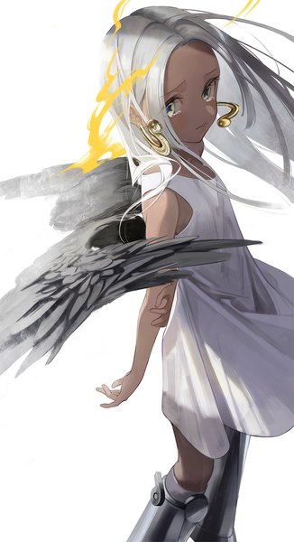 Anime picture 903x1664 with one piece toei animation seraphim (one piece) s-snake azimu yukita single long hair tall image looking at viewer simple background white background silver hair sleeveless tears dark skin symbol-shaped pupils black wings holding arm girl dress