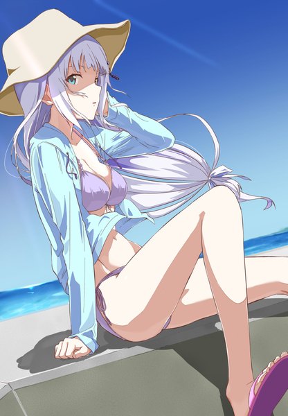 Anime picture 1421x2048 with idolmaster idolmaster million live! idolmaster million live! theater days shiraishi tsumugi cl (h-sys.) single long hair tall image looking at viewer blush fringe breasts open mouth blue eyes light erotic hair between eyes sitting payot sky bent knee (knees)