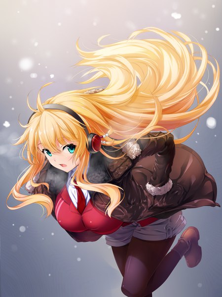 Anime picture 600x800 with voiceroid tsurumaki maki bug (artist) single long hair tall image fringe breasts open mouth blue eyes blonde hair hair between eyes large breasts wind fur trim snowing hands in pockets girl pantyhose jacket