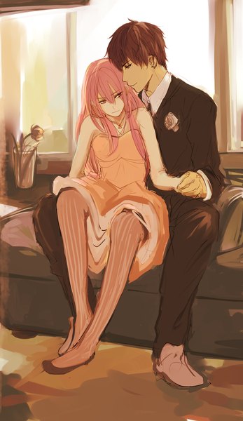 Anime picture 1273x2201 with original pancake-waddle long hair tall image short hair simple background brown hair sitting green eyes pink hair pink eyes light smile couple sitting on person sketch girl boy flower (flowers) rose (roses) bed