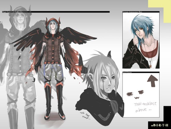 Anime picture 1280x967 with original hnci long hair looking at viewer short hair blue eyes simple background smile red eyes standing blue hair silver hair horn (horns) pointy ears grey hair grey background open clothes open jacket heterochromia torn clothes