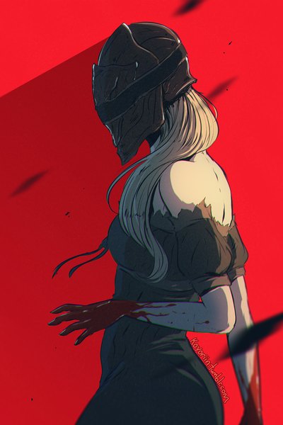 Anime picture 683x1024 with bloodborne from software annalise queen of the vilebloods koyoriin single long hair tall image simple background blonde hair bare shoulders signed shadow short sleeves puffy sleeves watermark red background girl dress detached sleeves black dress