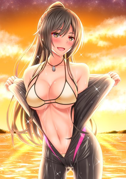 Anime picture 2026x2865 with idolmaster idolmaster shiny colors shirase sakuya shirouzu myuuta single long hair tall image looking at viewer blush highres breasts open mouth light erotic black hair smile large breasts standing brown eyes cloud (clouds) ponytail