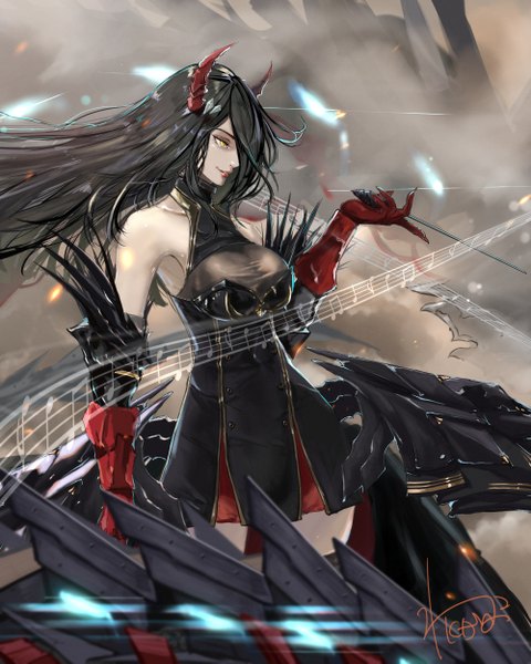 Anime picture 2000x2500 with azur lane friedrich der grosse (azur lane) kdm (ke dama) single long hair tall image fringe highres breasts black hair large breasts standing bare shoulders holding signed yellow eyes looking away parted lips profile horn (horns)