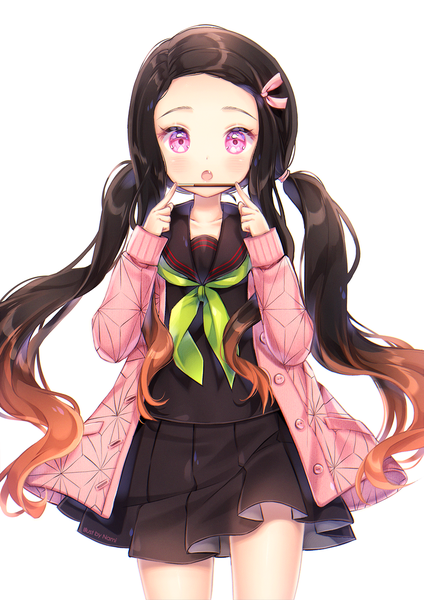 Anime-Bild 1000x1414 mit kimetsu no yaiba ufotable kamado nezuko nami (nyaa) single long hair tall image looking at viewer blush open mouth black hair simple background standing white background twintails holding signed payot long sleeves pleated skirt