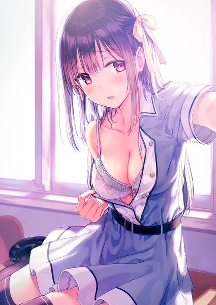 Anime picture 1200x1694 with original matsumoto erina hiten (hitenkei) single long hair tall image looking at viewer blush fringe breasts open mouth light erotic large breasts sitting bent knee (knees) sunlight short sleeves undressing girl thighhighs