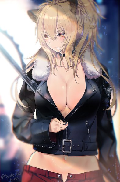 Anime picture 700x1065 with arknights siege (arknights) tooka single long hair tall image blush fringe breasts light erotic blonde hair hair between eyes large breasts signed animal ears yellow eyes looking away long sleeves midriff twitter username