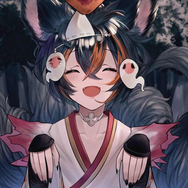 Anime picture 2761x2762 with granblue fantasy you (granblue fantasy) betabeet single tall image fringe highres short hair open mouth black hair hair between eyes animal ears outdoors tail eyes closed animal tail multicolored hair two-tone hair fang (fangs) streaked hair
