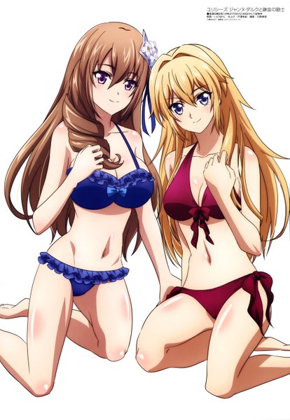 Anime picture 4083x5918 with ulysses jeanne d'arc to renkin no kishi megami magazine arthur de richemont charlotte de valois itou mariko long hair tall image looking at viewer fringe highres breasts blue eyes light erotic simple background blonde hair hair between eyes brown hair white background purple eyes multiple girls