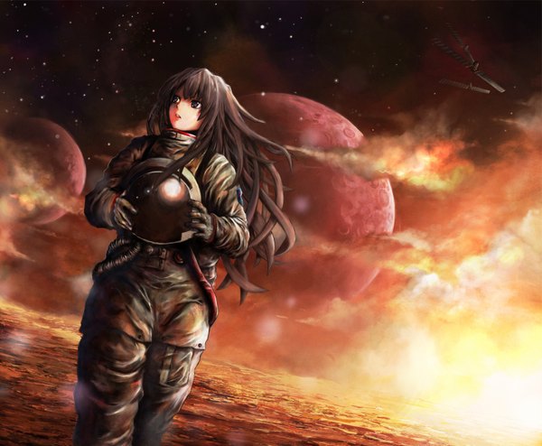 Anime picture 1600x1318 with original seafh (artist) single long hair brown hair cloud (clouds) black eyes space science fiction holding helmet astronaut girl helmet planet spacesuit satellite space emperor