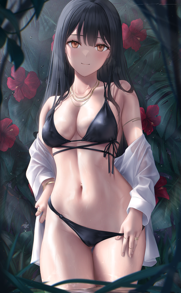 Anime picture 2894x4693 with original mhru single long hair tall image looking at viewer blush fringe highres breasts light erotic black hair smile large breasts standing brown eyes signed cleavage outdoors off shoulder