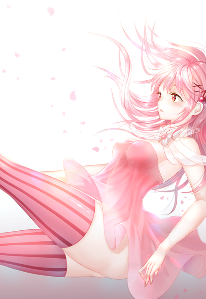 Anime picture 900x1300 with original sugar (artist) single long hair tall image blush fringe breasts light erotic simple background red eyes white background looking away pink hair profile grey background no bra sleeveless gradient background falling