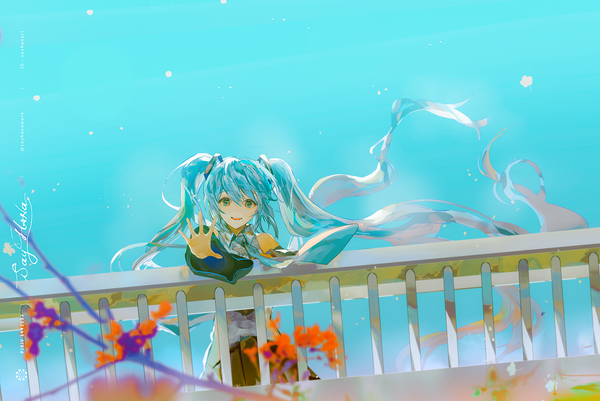 Anime picture 1380x923 with vocaloid hatsune miku say hana single looking at viewer fringe hair between eyes twintails sky very long hair aqua eyes aqua hair outstretched hand girl detached sleeves necktie branch railing