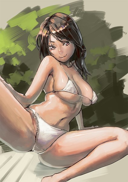 Anime picture 707x1000 with original aro (charged time out) single long hair tall image looking at viewer breasts light erotic smile brown hair large breasts sitting bare shoulders bare belly shiny skin girl underwear panties