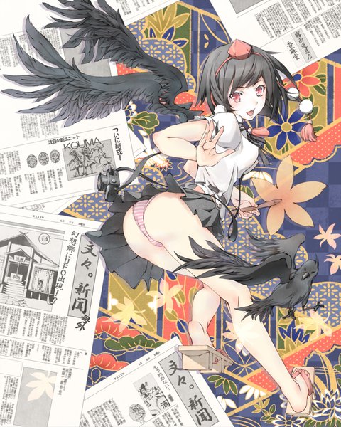 Anime picture 1382x1727 with touhou shameimaru aya miso ni single tall image looking at viewer blush short hair open mouth light erotic black hair red eyes ass pleated skirt black wings girl skirt underwear panties animal