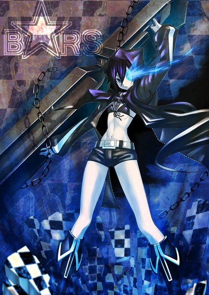 Anime picture 2480x3508 with black rock shooter black rock shooter (character) single long hair tall image highres blue eyes black hair absurdres glowing scar glowing eye (eyes) checkered background girl shorts hood chain cloak bikini top huge weapon