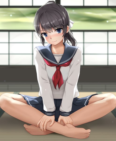 Anime picture 1241x1500 with original eto single long hair tall image looking at viewer blush fringe blue eyes black hair hair between eyes sitting payot full body bent knee (knees) ponytail indoors head tilt pleated skirt barefoot