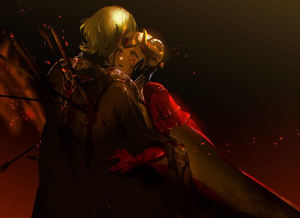 Anime picture 3000x2173 with fire emblem fire emblem: three houses nintendo edelgard von hresvelg byleth (fire emblem) byleth (male) (fire emblem) ruo candyyyy highres short hair blonde hair looking away horn (horns) green hair from behind orange eyes gradient background black background blood on face injury hand on another's face