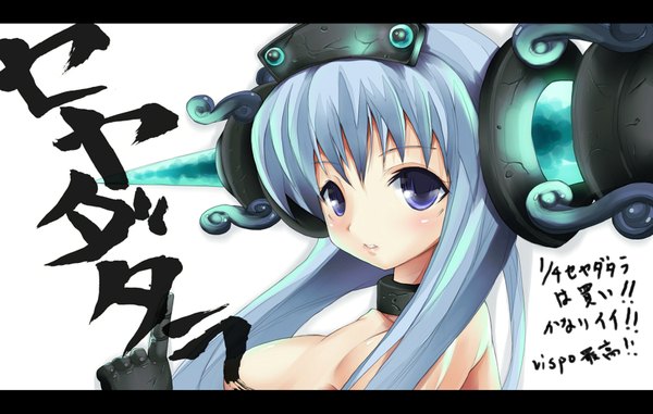 Anime picture 1680x1067 with daiakuji seyada tara imazon single long hair blush breasts blue eyes light erotic white background twintails blue hair looking back sideboob close-up pointing girl collar