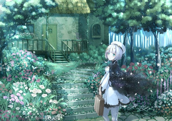 Anime picture 1029x727 with original hyp single short hair blue eyes white hair girl dress flower (flowers) plant (plants) tree (trees) insect building (buildings) butterfly house suitcase