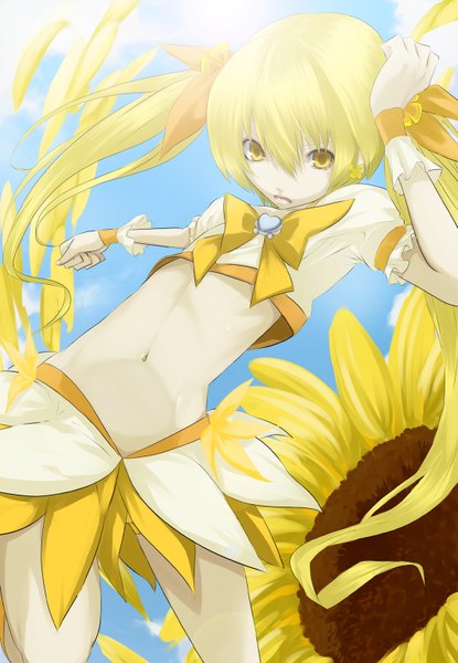 Anime picture 1063x1535 with original simon (n.s craft) single long hair tall image blonde hair twintails yellow eyes sky cloud (clouds) midriff girl skirt navel bow hair bow heart sunflower