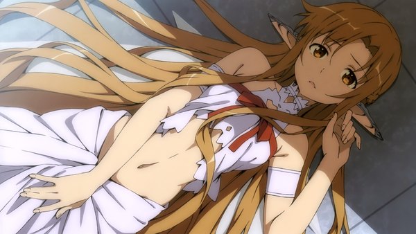 Anime picture 4058x2287 with sword art online a-1 pictures yuuki asuna titania (alo) kanzaki hiro single long hair highres brown hair wide image brown eyes absurdres pointy ears scan official art midriff elf girl dress navel