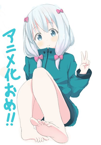Anime picture 900x1291 with eromanga sensei a-1 pictures izumi sagiri hifumi (artist) single long hair tall image looking at viewer fringe blue eyes simple background smile white background sitting silver hair full body bent knee (knees) head tilt barefoot bare legs