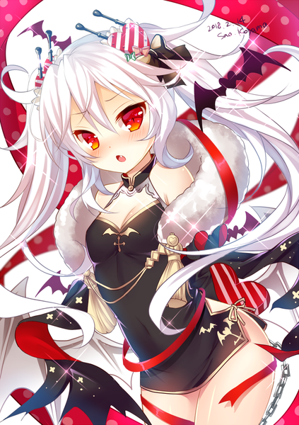 Anime picture 720x1020 with azur lane vampire (azur lane) vampire (the breath of spring) (azur lane) koyama sao single long hair tall image looking at viewer blush fringe breasts open mouth light erotic hair between eyes red eyes twintails signed silver hair :o sparkle