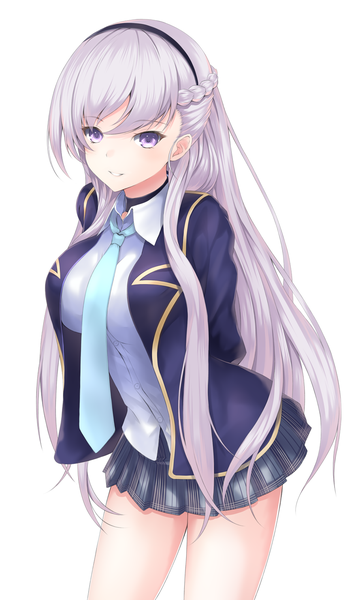 Anime picture 884x1480 with azur lane belfast (azur lane) hajika single long hair tall image looking at viewer fringe simple background smile hair between eyes white background purple eyes silver hair braid (braids) long sleeves parted lips pleated skirt open clothes bare legs