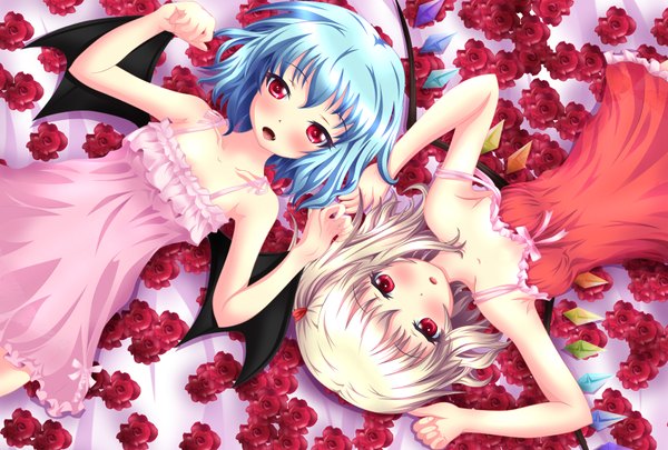 Anime picture 1600x1080 with touhou flandre scarlet remilia scarlet neats (artist) looking at viewer blush short hair open mouth blonde hair red eyes multiple girls blue hair loli girl dress flower (flowers) 2 girls wings