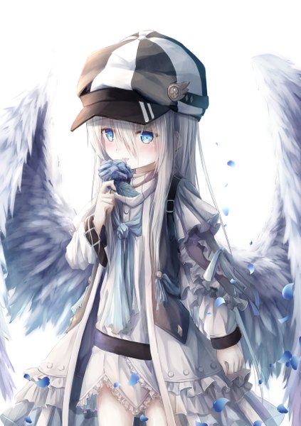 Anime picture 1718x2439 with original utatanecocoa single long hair tall image looking at viewer blush fringe highres open mouth blue eyes simple background hair between eyes white background holding white hair :p angel wings white wings girl