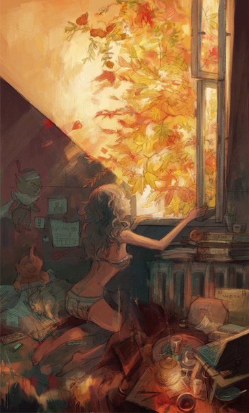Anime picture 581x959 with original tagme (artist) single long hair tall image light erotic looking away indoors barefoot from behind bare legs wavy hair girl underwear panties lingerie bra window pillow leaf (leaves)