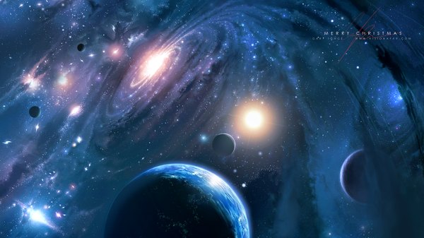 Anime picture 1600x900 with original antifan real (artist) wide image inscription no people fantasy glow space science fiction star (stars) planet galaxy