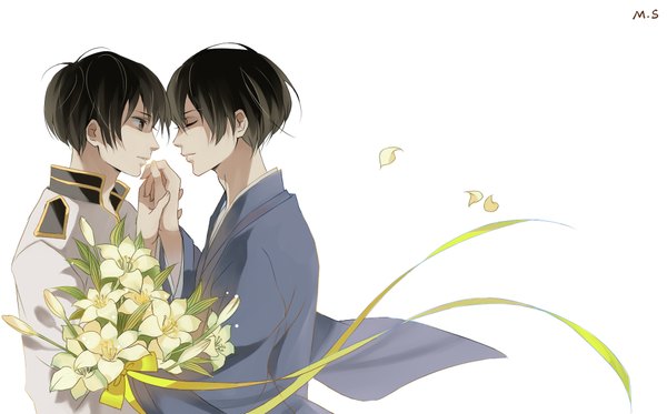Anime picture 1950x1214 with axis powers hetalia studio deen japan (hetalia) gakushuu kun highres short hair black hair wide image brown eyes eyes closed japanese clothes profile wind holding hands dual persona uniform flower (flowers) bow ribbon (ribbons) petals