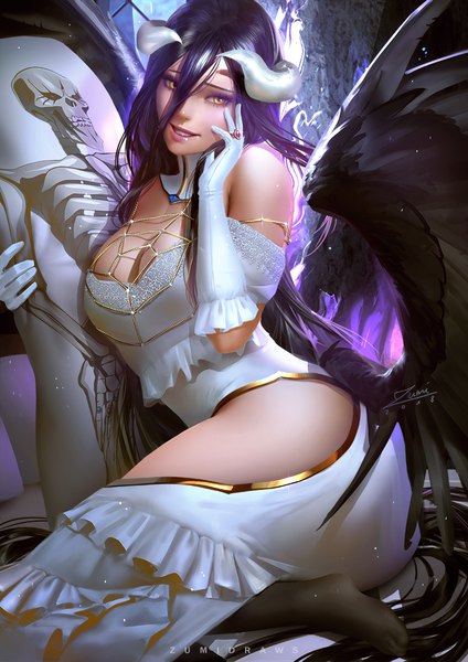 Anime picture 764x1080 with overlord (maruyama) madhouse albedo (overlord) ainz ooal gown zumi (zumidraws) single long hair tall image looking at viewer fringe breasts light erotic black hair hair between eyes large breasts sitting signed yellow eyes cleavage parted lips