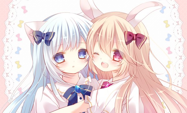 Anime picture 1778x1080 with original tsuki nxo blush fringe highres open mouth blue eyes blonde hair wide image multiple girls animal ears blue hair one eye closed wink cat ears bunny ears happy girl hair ornament bow