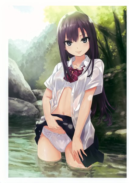 Anime-Bild 2824x4000 mit original melonbooks coffee-kizoku single long hair tall image looking at viewer fringe highres light erotic smile standing payot purple hair outdoors black eyes sunlight scan mole bare belly