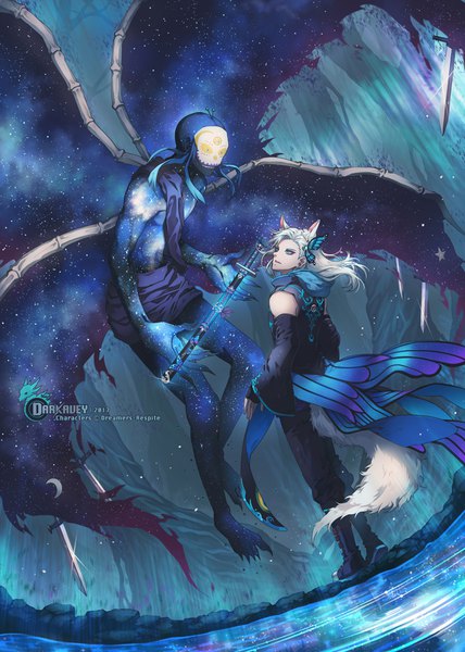 Anime picture 714x1000 with original darkavey long hair tall image blue eyes signed animal ears white hair tail animal tail from behind night dutch angle night sky fantasy space weightlessness blue skin starry sky print fisheye