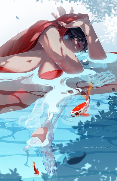 Anime picture 649x1000 with original coln single tall image looking at viewer short hair black hair red eyes lying nude inscription skeleton boy ribbon (ribbons) petals water leaf (leaves) fish (fishes)